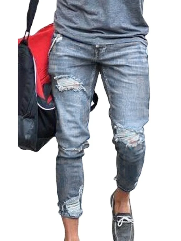 

Мужские обтягивающие джинсы, прямые штаны в стиле хип-хоп, облегающие мужские рваные брюки, уличная одежда, мужские брюки, мужские джинсы, шт...