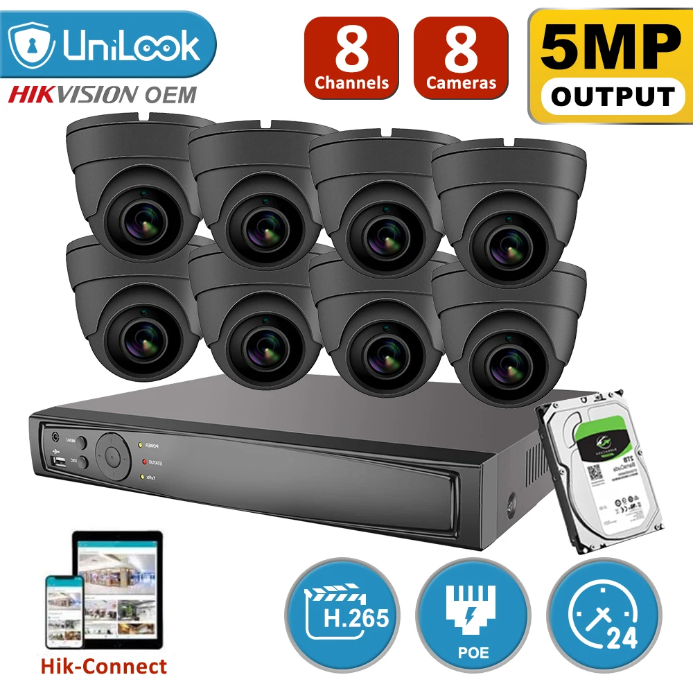 

UniLook 8CH CCTV System H.265+ NVR 4/6/8Pcs 5MP Gray Mini Dome IP Camera IR Outdoor Video Survweillance Kit 2.8mm Wide Angle P2P