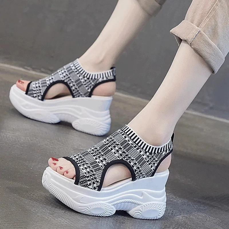 

Stretch Fabric Peep-Toe Women Wedges Sandals Retro Gladiator Casual Height Increasing Roman Shoes Fashion Summer Platform Shoes
