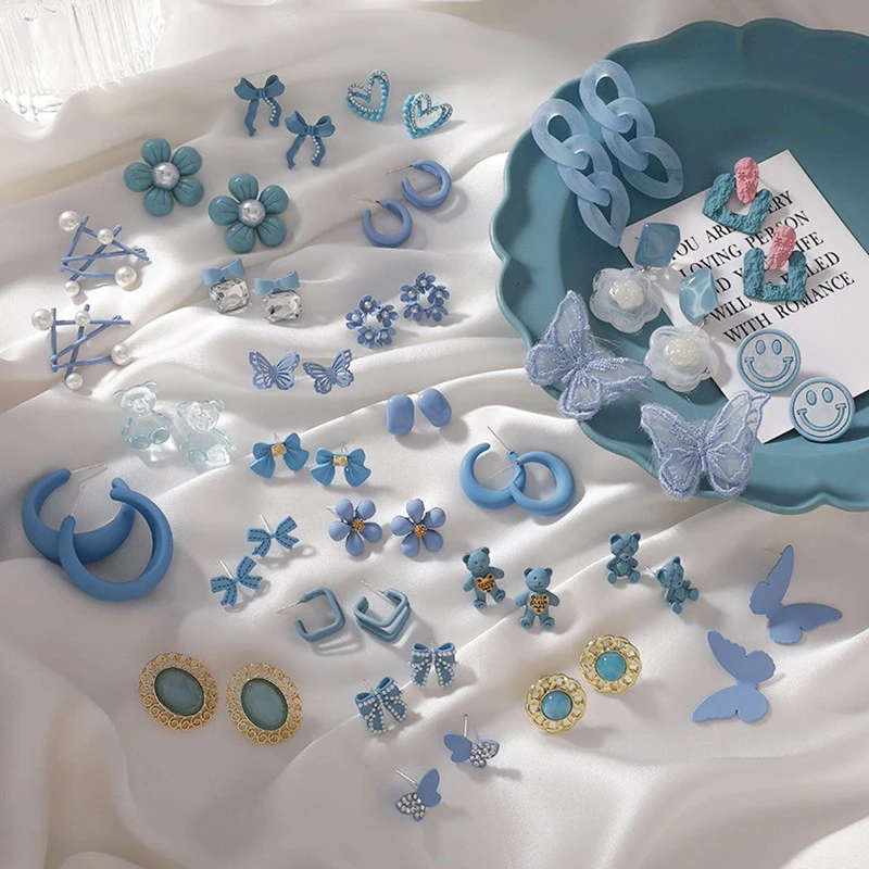 Синие корейские серьги простые Винтажные Женские Геометрические с цветком новые