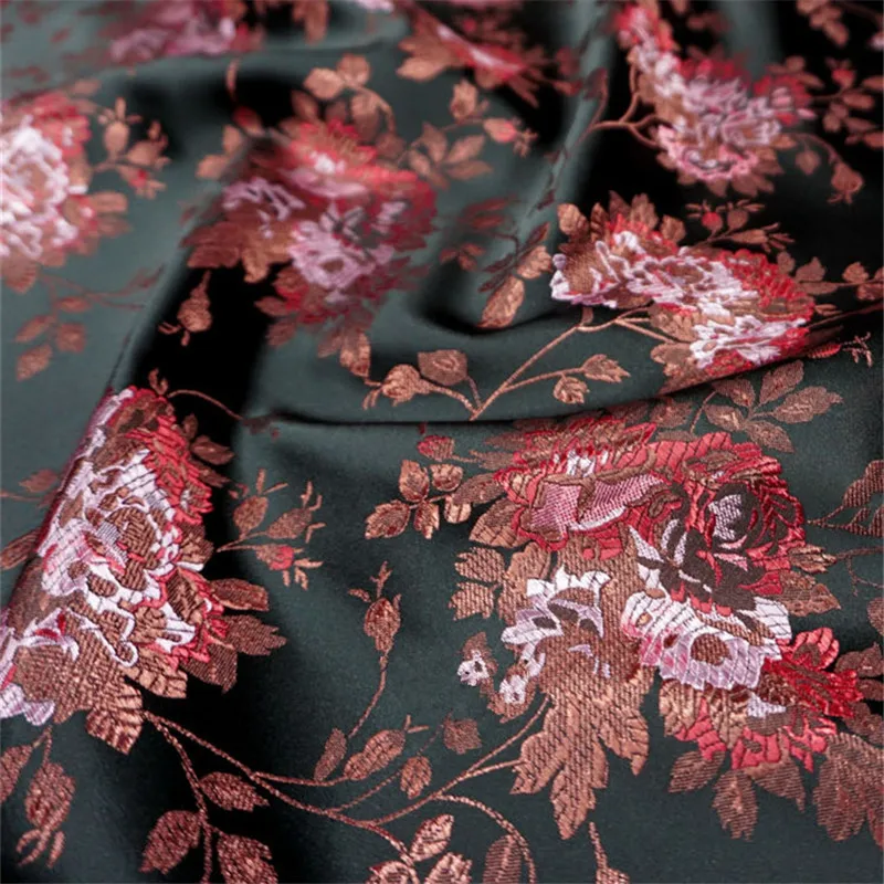 

CF1113 Black Base Red Flowers Jacquard Brocade Fabric Antique Satin Silk Cheongsam Fabric Home Textiles Curtain DIY Materials
