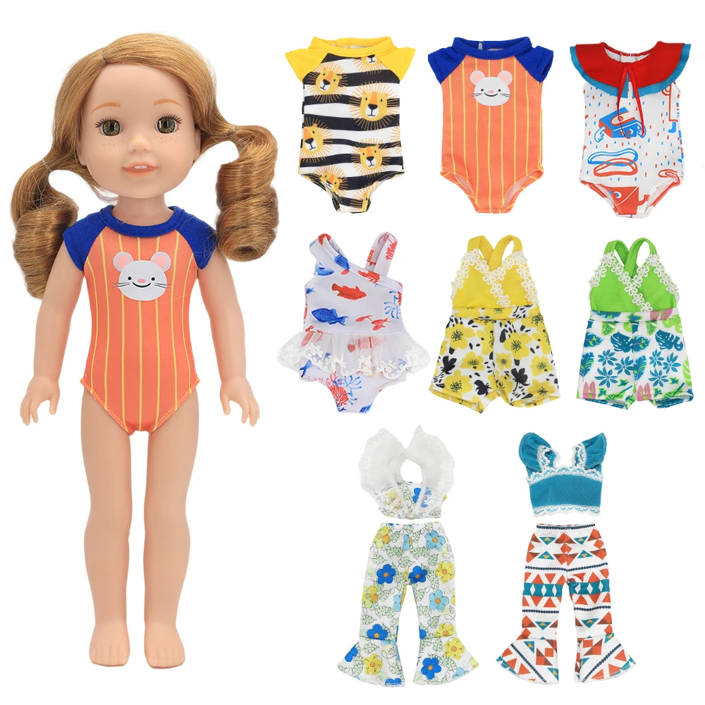 

One-piece Swimsuit Fit 14.5 Inch Girls and 35-36 CM Little Baby Doll Clothes, Swimming Outfits Accessories Floral Tops and Pants