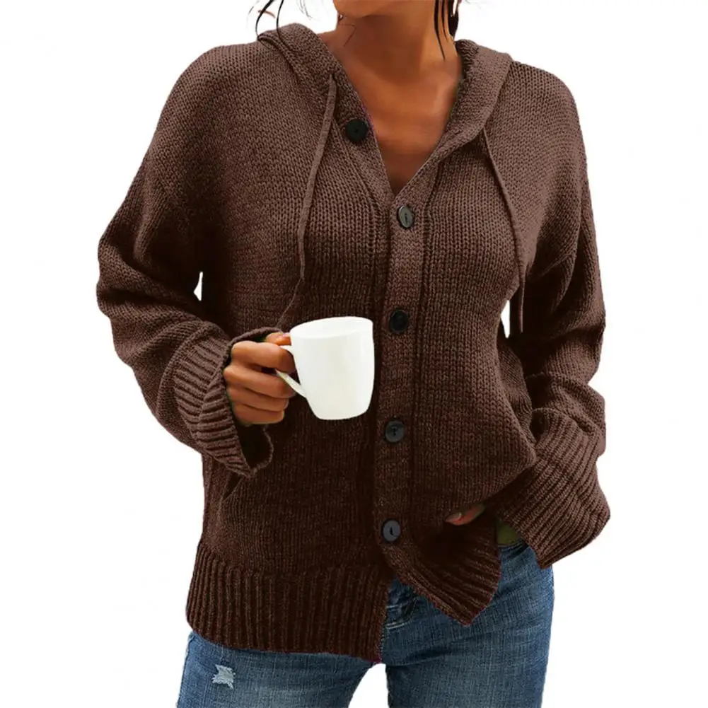 

Women Casual knitted Cardigan Sweater Solid Long Sleeve Autumn Drawstring Single Breasted Hooded Coat for Dating Street Daily