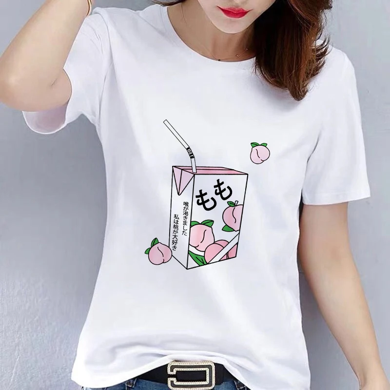 

Japanese Peach Juice Drink Cartoon Picture Print T Shirt Streetwear Aesthetic Tshirt Summer New Fashion Women's T-shirt CN