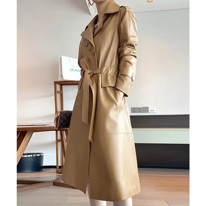 Elegant Women's Khaki Windbreaker High End Spring New Sheepskin Coat with Belt Slim Temperament Long Leather Jacket High Quality