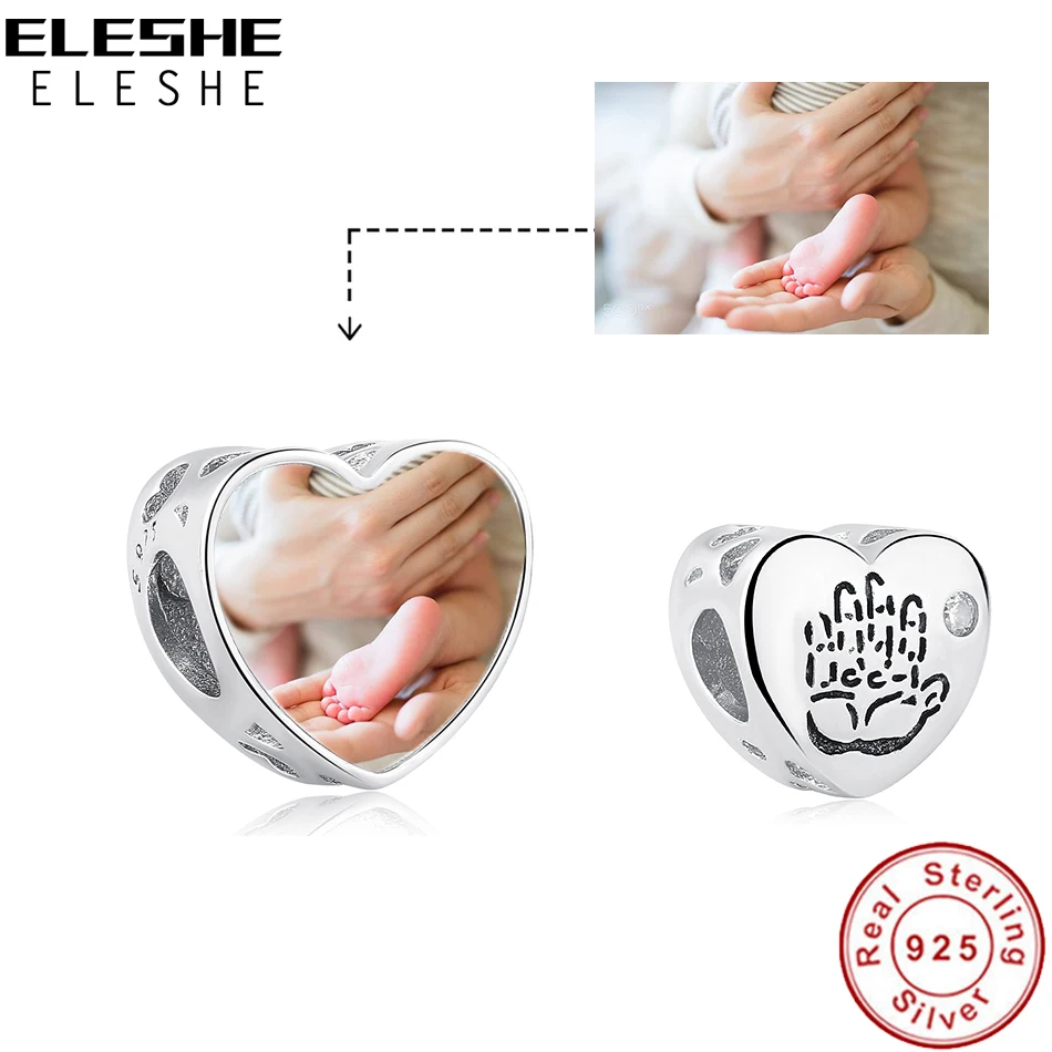 

ELESHE 2023 NEW Original 100% 925 Sterling Silver Baby Hand Heart Bead With CZ Custom Photo Charm Fit Women Bracelet DIY Jewelry