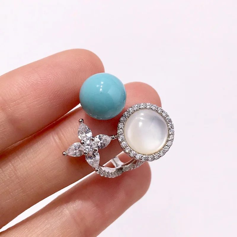 

Женские регулируемые кольца с пресноводным синим жемчугом, модные массивные кольца с кубическим цирконием, камнем в форме цветка, розовым ж...