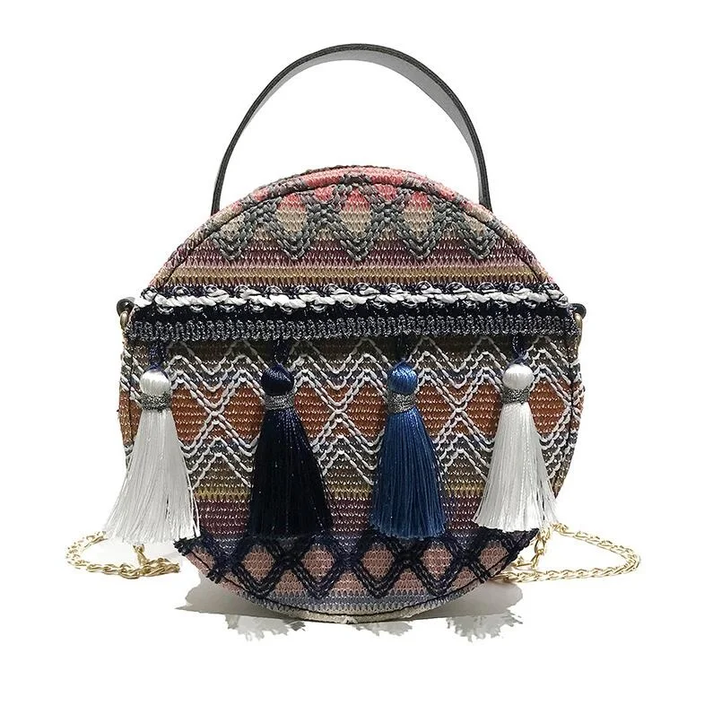 

2021 Ethnic Embroide Design Bag Round metal portable shoulder bag Tassel handbag fashion chain Crossbody bag Mini Messenger bag