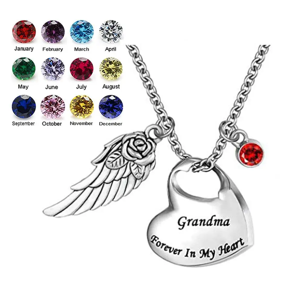 Stainless Steel Heart Cremation Urn Necklace with Angel Wing and Birthstones Ashes Jewelry Memorial Pendant- Forever in My | Украшения и
