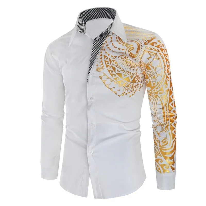 

Luxury Gold Black Shirt Men New Slim Fit Long Sleeve Camisa Masculina Gold Black Print Chemise Homme Social Men Club Prom Shirt