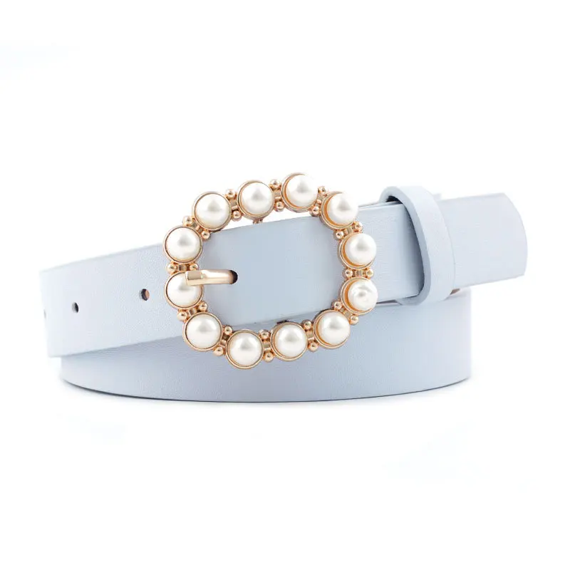

Inlaid Pearl Simple Designer's Famous Brand Belt Leather High Quality Belt Pearl Ring Circle Buckle Girl Jeans Dress Wild Belts