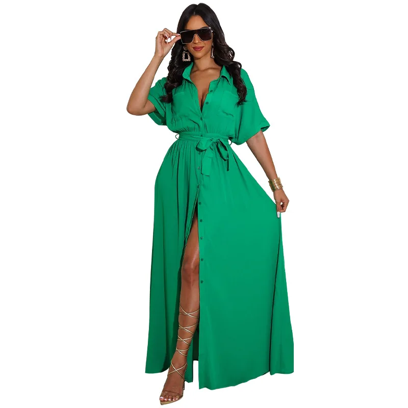 

Sexy Dress Short Sleeve Slim Shirt Long Skirt 2021 Fall New Green Loose African Clothing Vestidos Casual Lange Jurken Bohemian