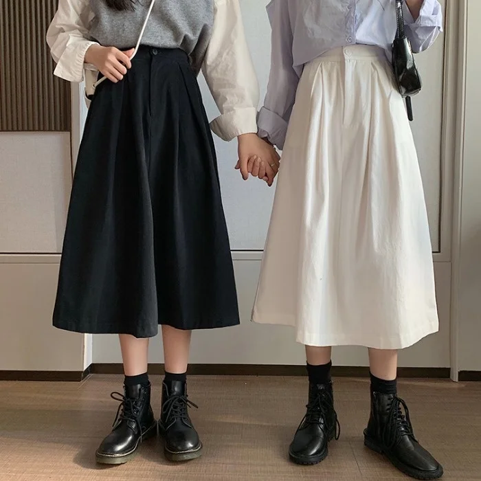 

White skirt for women autumn 2021 new Korean high waist slim temperament versatile medium length knee length A-line skirt