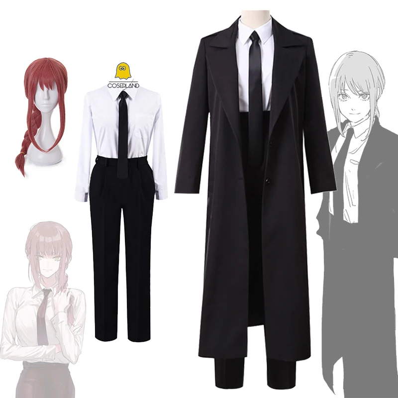 

Anime Chainsaw Man Makima Cosplay Costume Black Trench Shirt Tie Pants Makima Wig Long Light Red Braid Men Women Suit Uniform