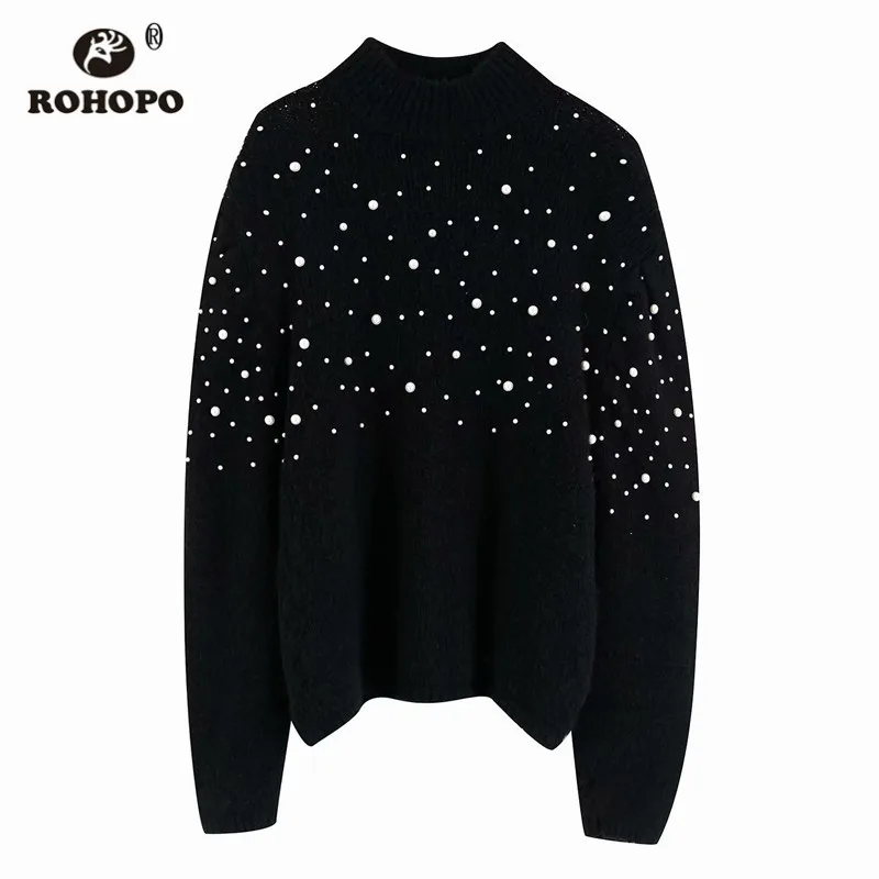 ROHOPO Semi High Collar Beading Pearl Solid Sweater Long Sleeve Autumn/Winter Pullover Knitted Tops Outwear #9736 | Женская одежда