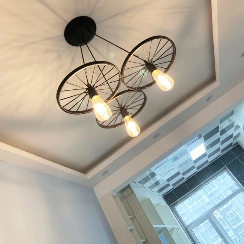 

Retro Vintage Loft Industrial Style Decoration Bar Restaurant Living Room Nostalgic Iron Bicycle Wheel LED Ceiling Chandelier