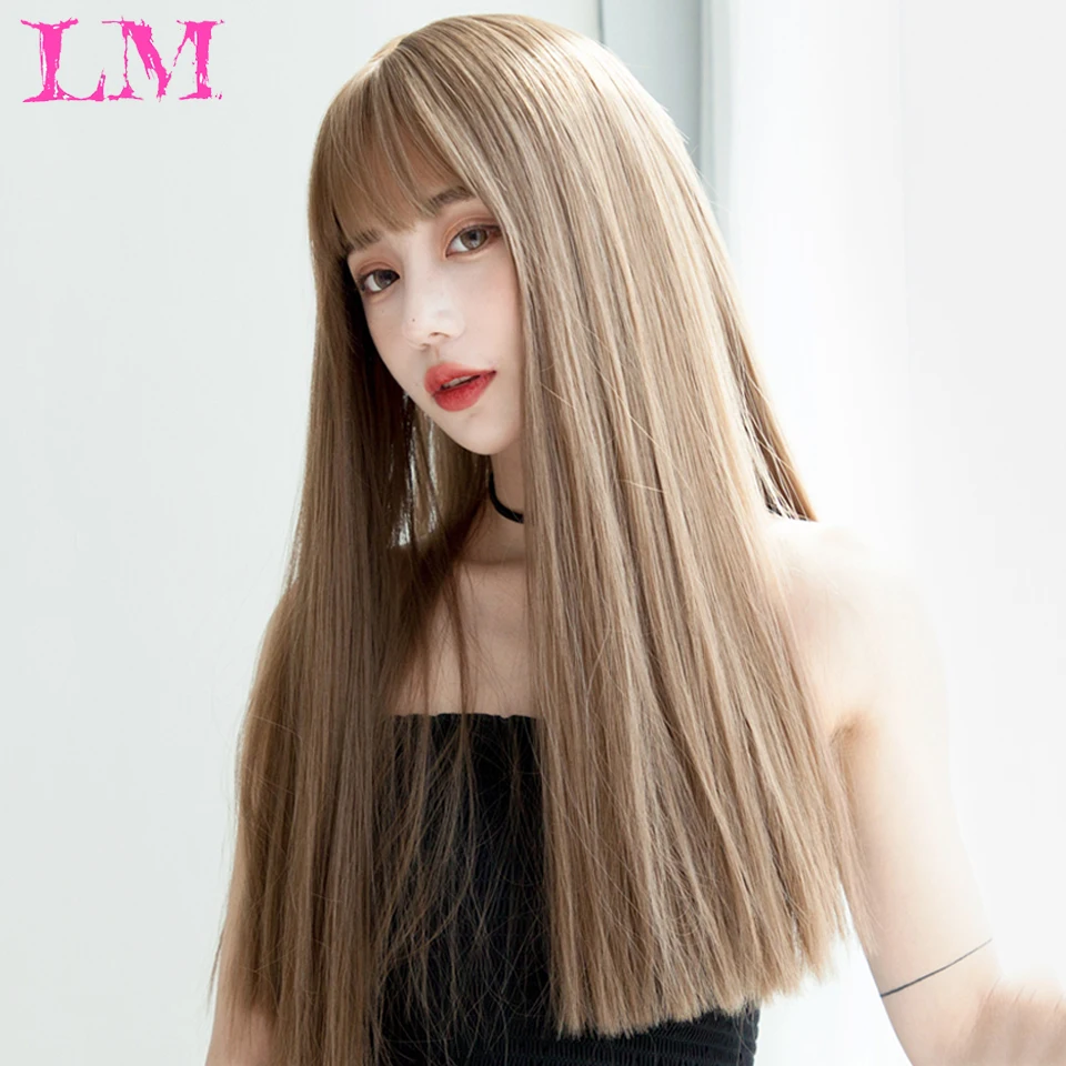 

LM Long Straight Wine Black/Brown Wig With Bangs Synthetic Hair Wigs Bang With Wig For Women Wine Black/Brow Heat Resistant Wigs