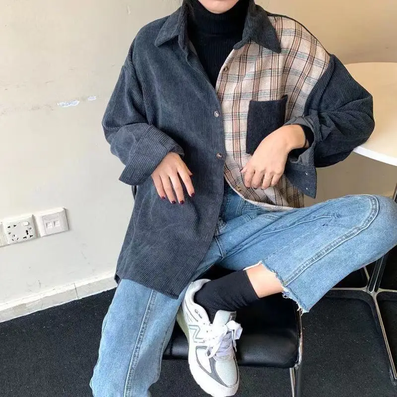 

2021 women's Plaid Shirt spring elegant long sleeve Korean fashion casual Lapel blouse street style college style button shirt