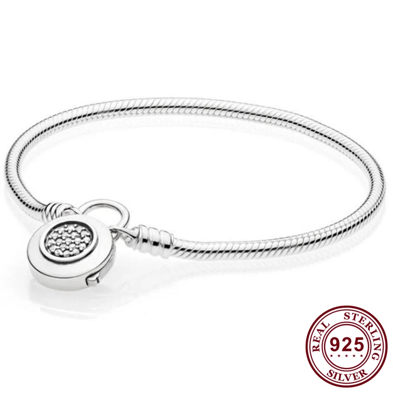 

100% 925 Sterling Silver Pan Bracelet Round With Crystal Lock Chain Bracelet Fit European Charm Bracelets Women Jewelry