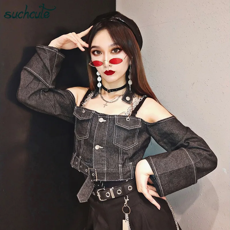 SUCHCUTE/женская футболка с металлической цепочкой, джинсовые топы с открытыми плечами, готический корейский стиль, осень, длинная повседневная одежда Harajuku