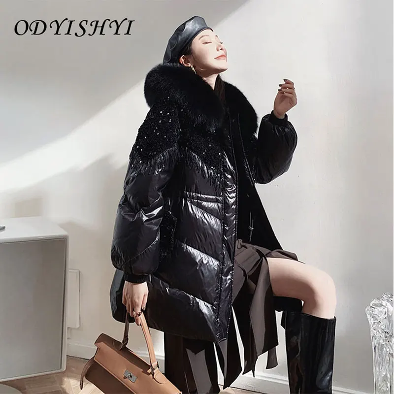 

Black Sequins Oversized Real Fox Fur Collar White Duck Down Coat Women Jacket 2020 Thick Winter New Slim Warm Outwear Parka D406