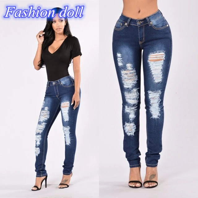 Новинка 2019 женские рваные джинсы темно синие брюки карандаш хлопковые