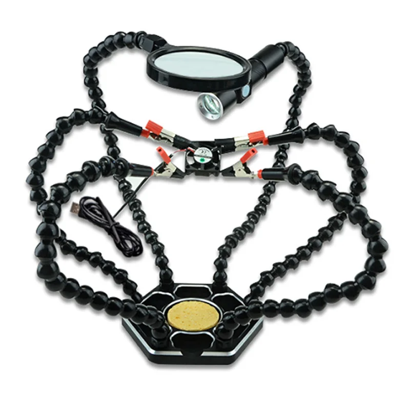 Паяльник с держателем для помощи 6 шт. гибкие руки USB DC вентилятор фонарик 3X лупа