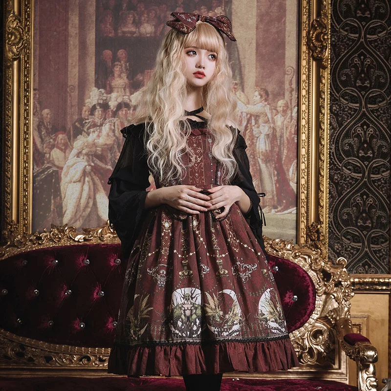 

Demonia Jsk Vintage Gothic Victoria Women Dress Palace Style Wine Red Lolita Dress Cosplay Costume Girl Ruffle Sling Dress