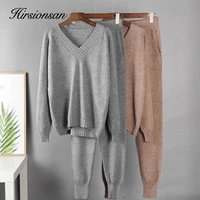 hirsionsan cashmere knitted sets women 2021 new loose v neck sweater carrot pant 2 pieces female outfit tracksuits harem pants