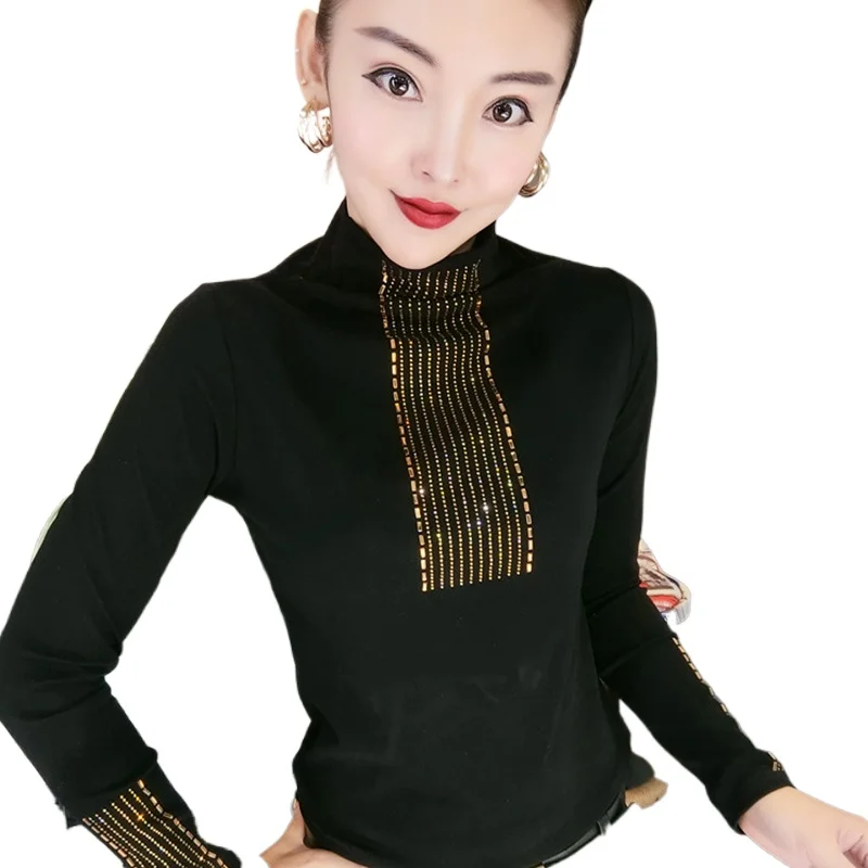 Стразы женские футболки с длинным рукавом водолазка пуловеры Рабочие бусинами |
