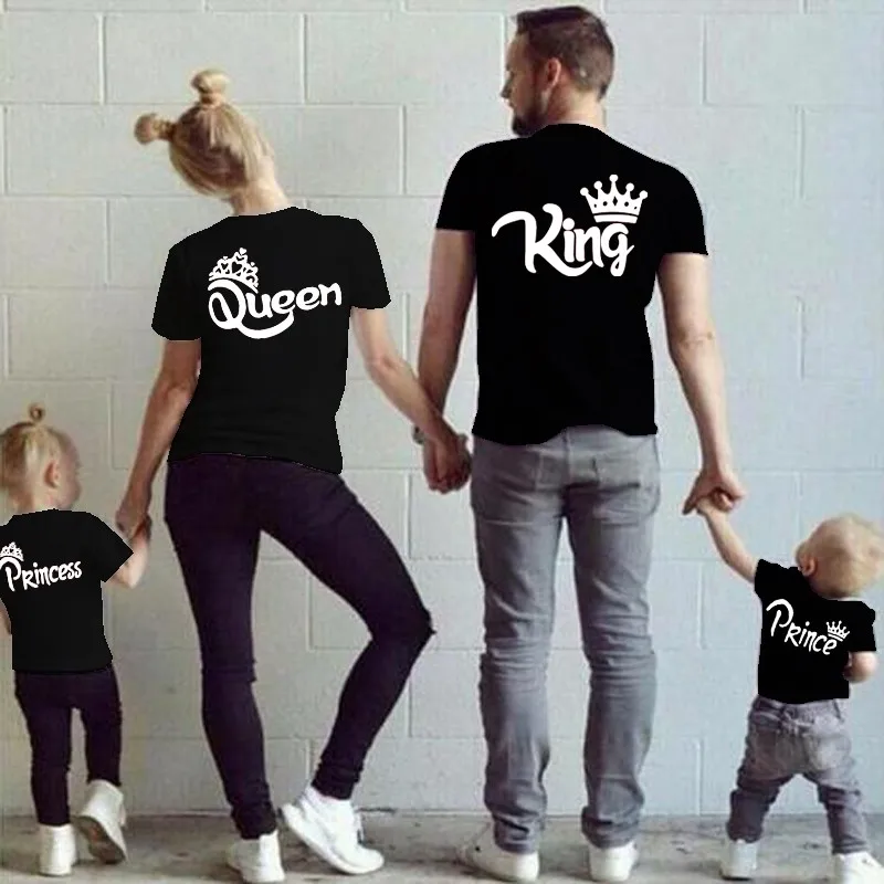 

New Summer King Queen Prince Princess Family Matching Outfits Women Men Boy Girl Clothes Cotton Family T-shirts Black White Tee