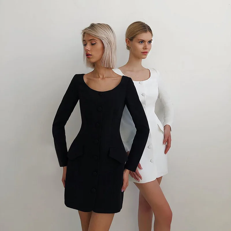 

New Women Slim-cut Long Sleeve Single Breasted Dress Many Colors O-Neck Elastic Fabric Office Lady High Waist Knee-length Dress