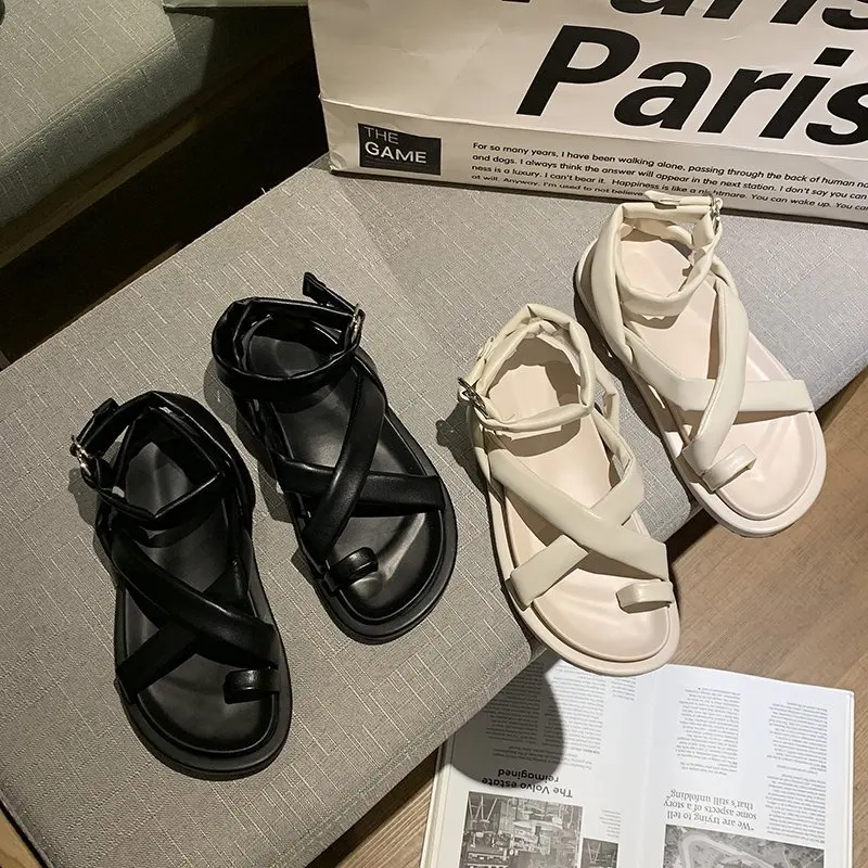 

Woman Sandals Flat Shoes 2021 New Fashion Sandals Summer Round Toe Mid Heel Black White Buckle Basic Size 35-40