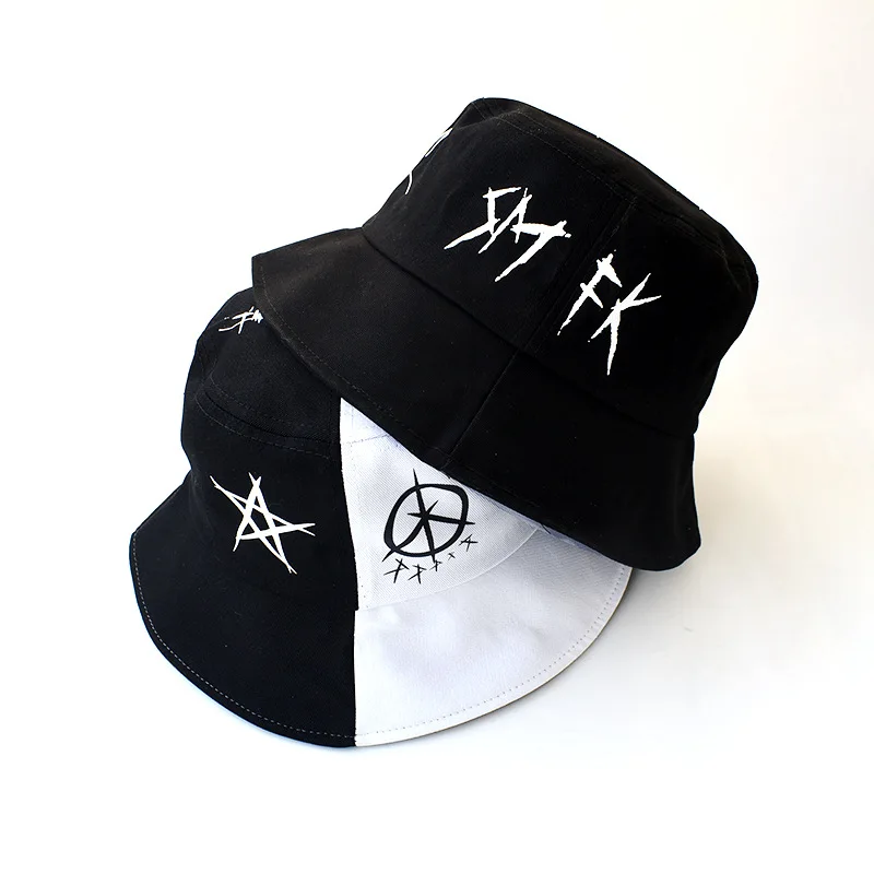 

Summer Bucket Hat Unisex Harajuku Hat Fisher Outdoor Black White Patchwork Hip Hop Cap Men's Summer Fisherman Hat