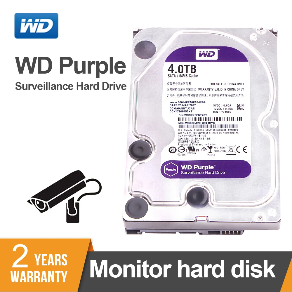 

Жесткий диск Western Digital WD Purple 4TB внутренний HDD SATA 6,0 ГБ/сек. 3,5 "для камер видеонаблюдения, AHD DVR IP-камер WD40EJRX