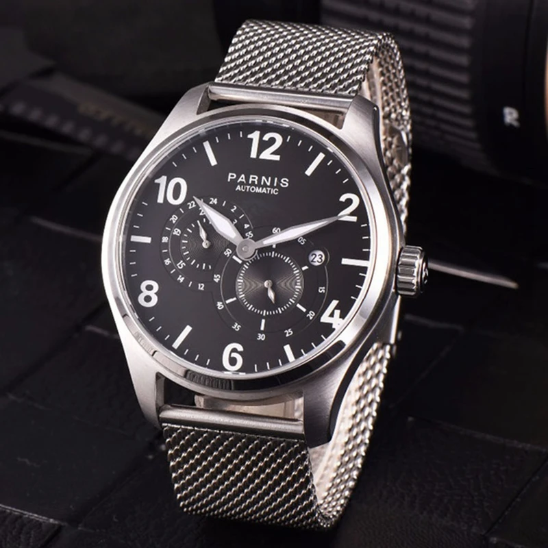 

New Parnis 44mm Silver Case Men Automatic Mechanical Watches Fulll Stainless Steel Mesh Strap Luminous 50m Waterproof Wristwatch
