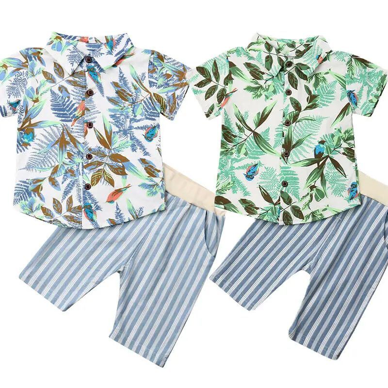 

2019 New Toddler Kids Baby Boys Clothes Boys Outfits Sets Short Sleeve Leaf Shirts +Stripe Pants 1-5Y