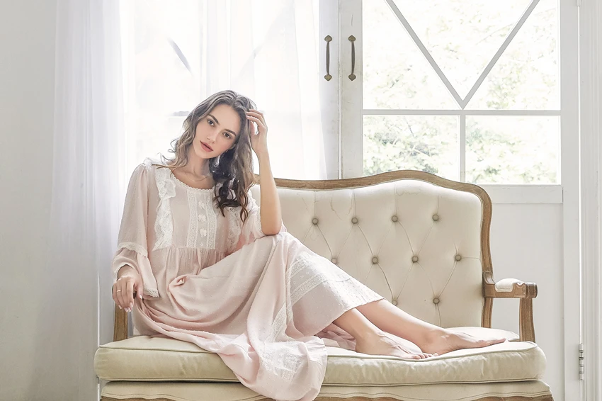 

Sleepwear Nightgown Cotton Romantic Woman Princess Nightdress Summer Long Nightgown Pink