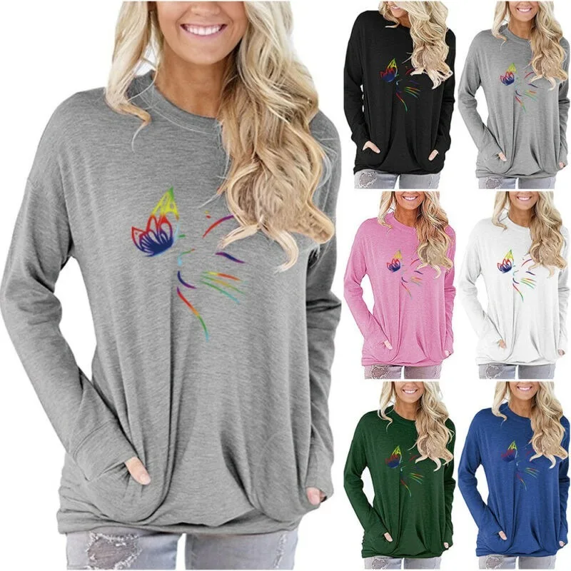 

Women Printed Winter Long Sleeve Crew Neck T-Shirt Loose Casual Top with Pockets
