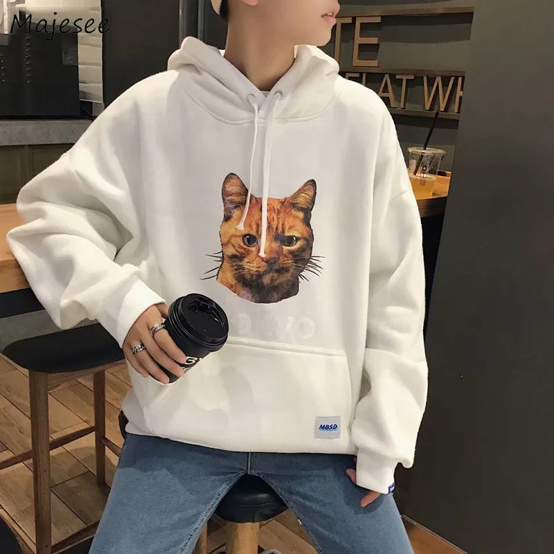 

Hoodies Men Cat Printed Ulzzang Simple All-match Korean Style Leisure Soft Trendy High Quality Sweatshrits Mens Chic Streetwear