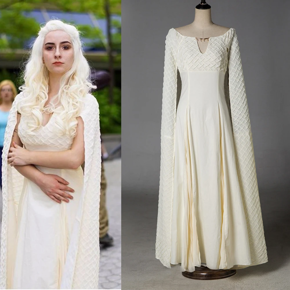 Costume Игра престолов 5 Daenerys Таргариен из сериала "Игра престолов костюмы Платье для косплея бежевое длинное Хэллоуин вечерние платье для маленьких девочек; платье для свадебных торжеств Для женщин - Цвет: Costume