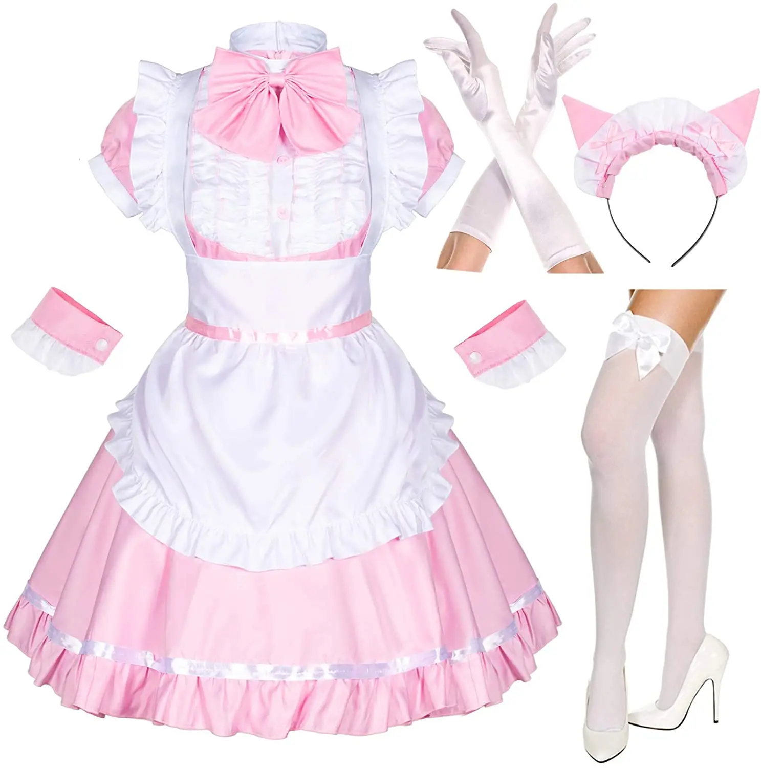 

Lolita Gothic Japanese Dress Kawaii Pink Clothes Cosplay Anime Apron Maid Dress with Socks Gloves Set Maid Costume Sexy Outfit
