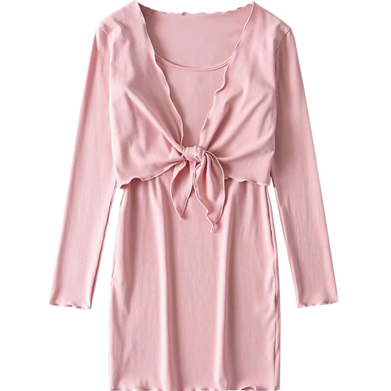 

Temperament Long Sleeve Tie Cardigan Dress Set Vintage Hemming Stretch Dress Sexy Bow Skirt