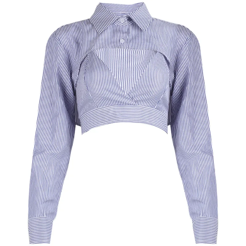

New women's personalized stitching design striped open navel suit collar two grain button Long Sleeve Shirt Top
