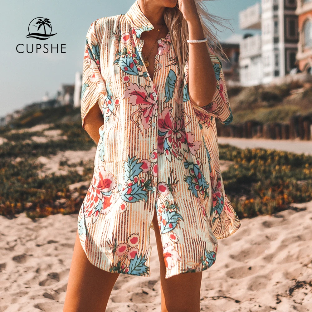 

Floral Print Buttoned Cove Up Sexy Long Loose Shirt Robe Capes Women 2021 Summer Beach Bathing Suit Beachwear