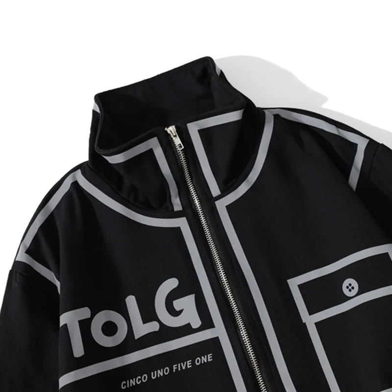 

Aolamegs Reflective Strip Letter Pocket Jackets Men Casual Turn-down Collar Zipper Coats High Street Cool Autumn Male Streetwear