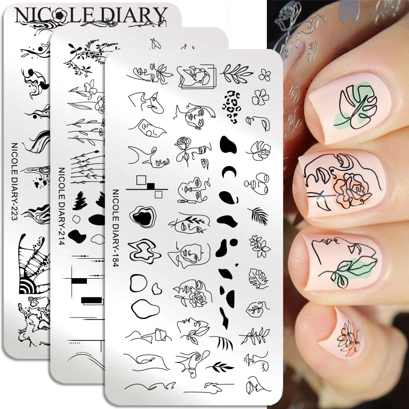 Художественные пластины NICOLE DIARY для стемпинга ногтей женское лицо цветок лист