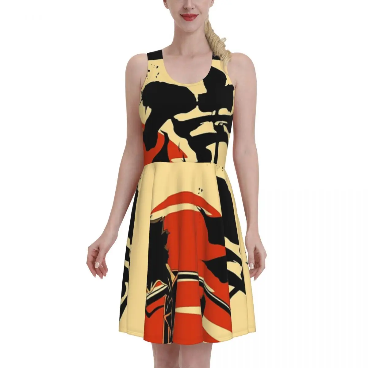 

Summer 2021 Sunset Samurai Katana Women Dress Sexy O Neck Anime Harajuku Kawaii Print Beach Dress Sleeveless Mini Dress