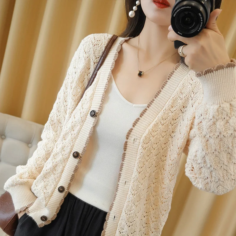 

2021 Latest Autumn Winter 100% Cotton Women Female V-Neck Knit Sweater Cardigan Coat Hollow Out Lace Soft Warm Outerwear Female