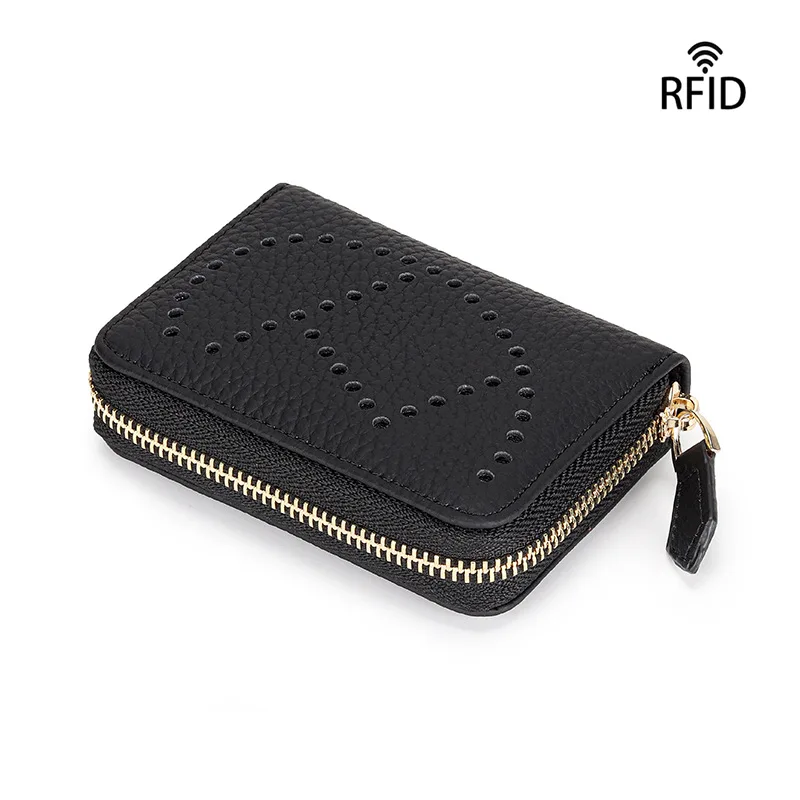 brand business card holder genuine leather rfid credit card holder women zipper pocket unisex hollow card case zipper coin purse free global shipping